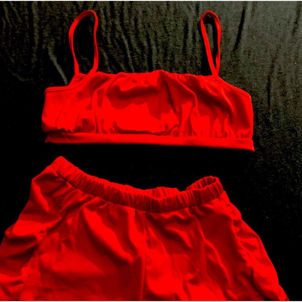 Orange bandeau top bikini shorts combo